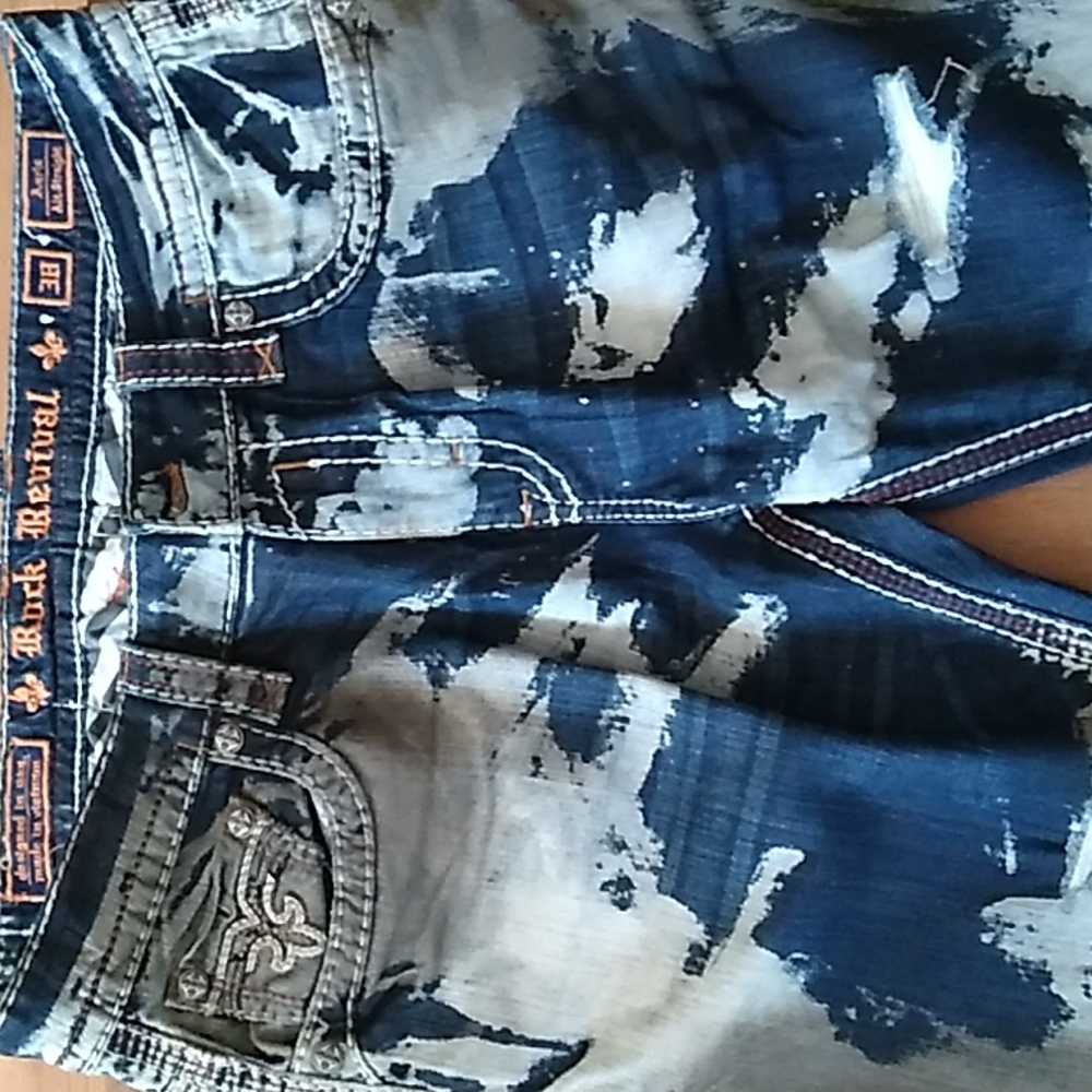 Men's Rock Revival Jeans, blue and grey wash, Size 38